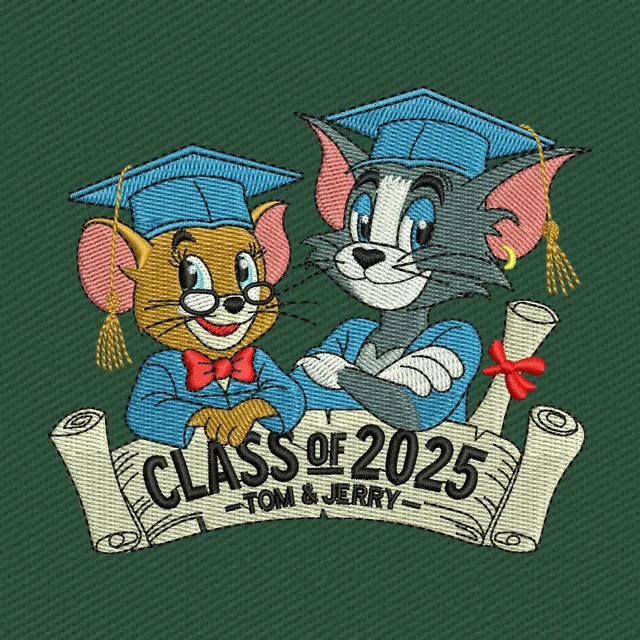 Tom and Jerry Celebrating 2025 Graduation Cartoon Embroidery Design
