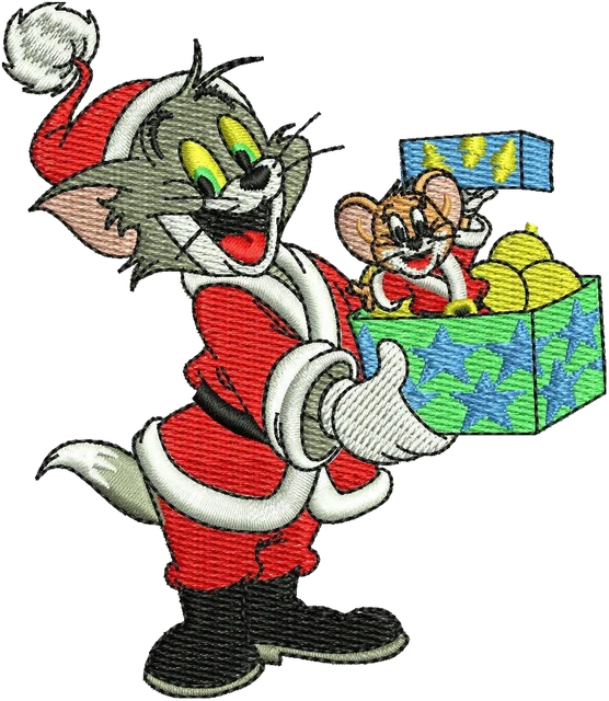 Stickdatei Tom und Jerry mit Weihnachtsgeschenk – Stickdatei auf Stoff gestickt