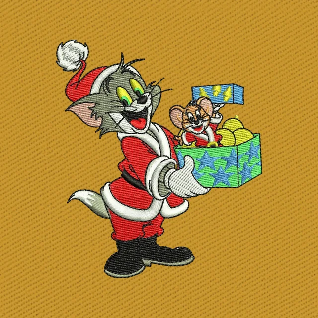 Tom and Jerry with a Christmas Gift Embroidery Design