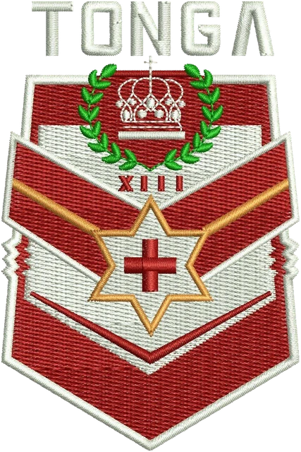 Tonga Rugby League XIII shield crest embroidery design shown stitched on fabric