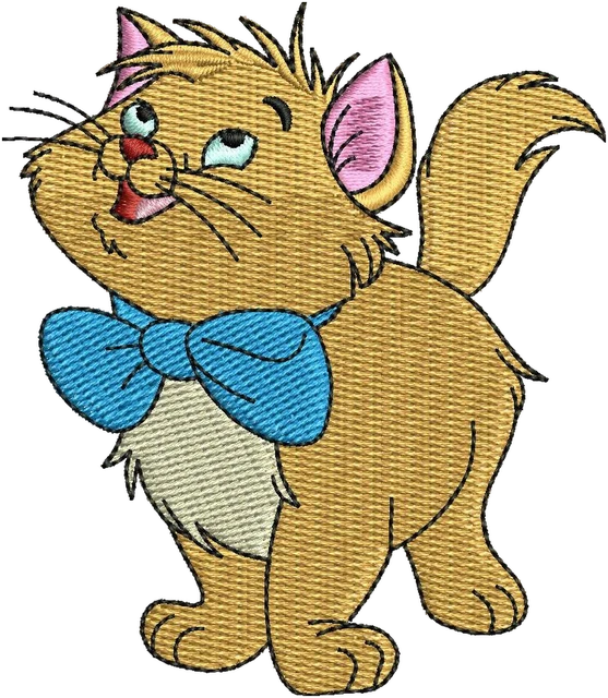 Toulouse Aristocats Kitten Standing Blue Bow embroidery design shown stitched on fabric