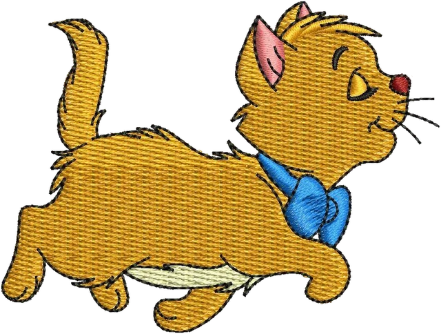Toulouse Aristocats Kitten Running Blue Bow embroidery design shown stitched on fabric