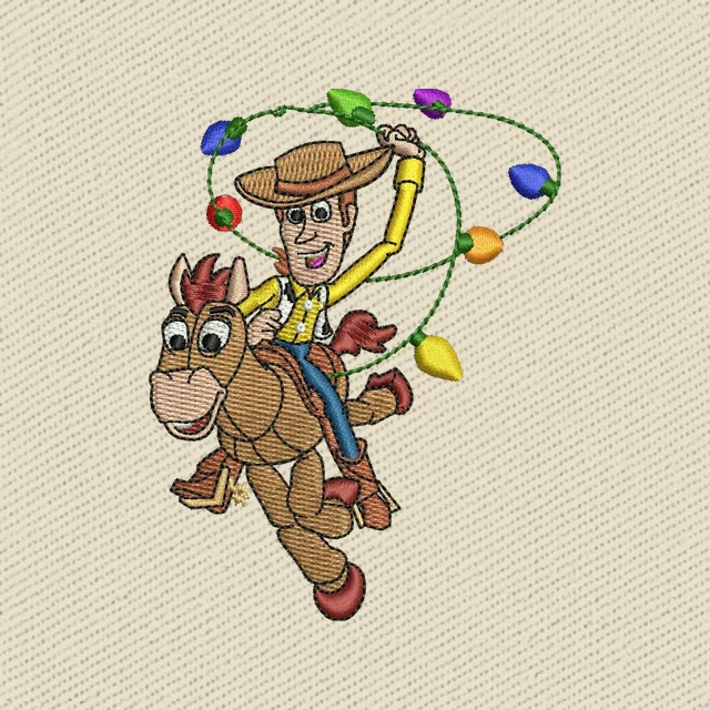 Woody a cavallo con luci di Natale
