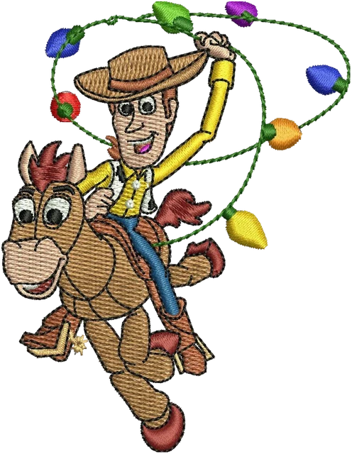 Woody on Horseback with Christmas Lights Embroidery Design embroidery design shown stitched on fabric