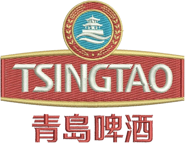 Diseño de bordado Diseño de bordado Tsingtao etiqueta roja y texto chino sobre tela