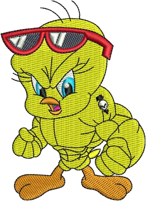 Tweety Bird Red Sunglasses Tough Pose embroidery design shown stitched on fabric