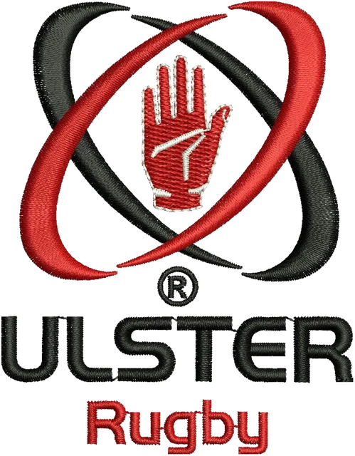 Stickdatei Ulster Rugby Hand und Ovalringe Logo Stickdatei auf Stoff gestickt