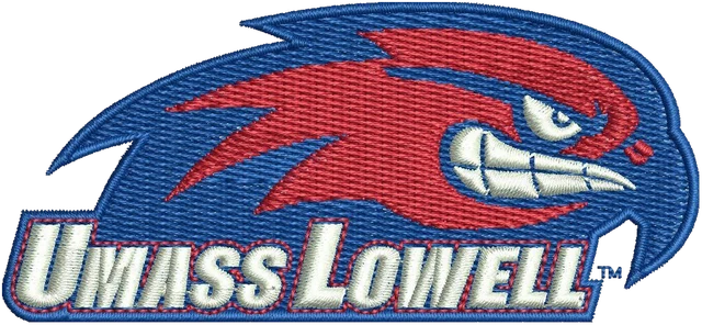 Diseño de bordado Diseño de bordado UMass Lowell River Hawks cabeza y texto sobre tela