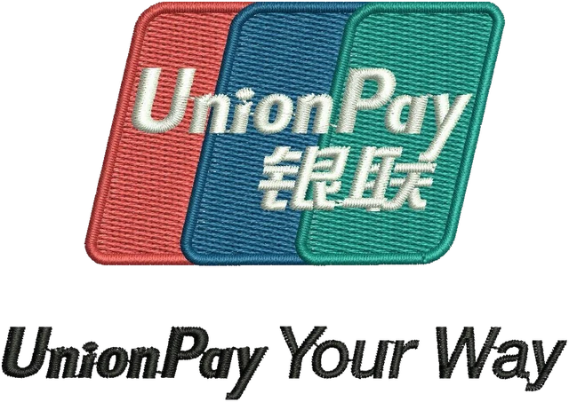 Diseño de bordado Diseño de bordado UnionPay tricolor con eslogan sobre tela