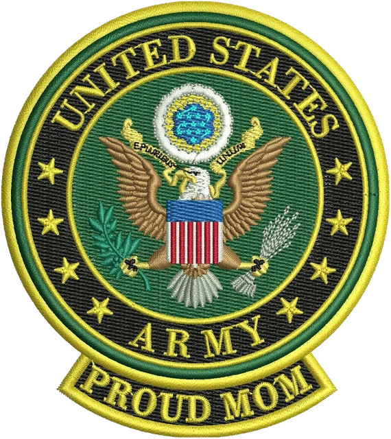 United States Army Proud Mom seal embroidery design shown stitched on fabric