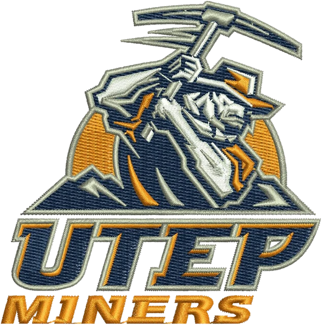 UTEP Miners pickaxe mascot logo embroidery design shown stitched on fabric