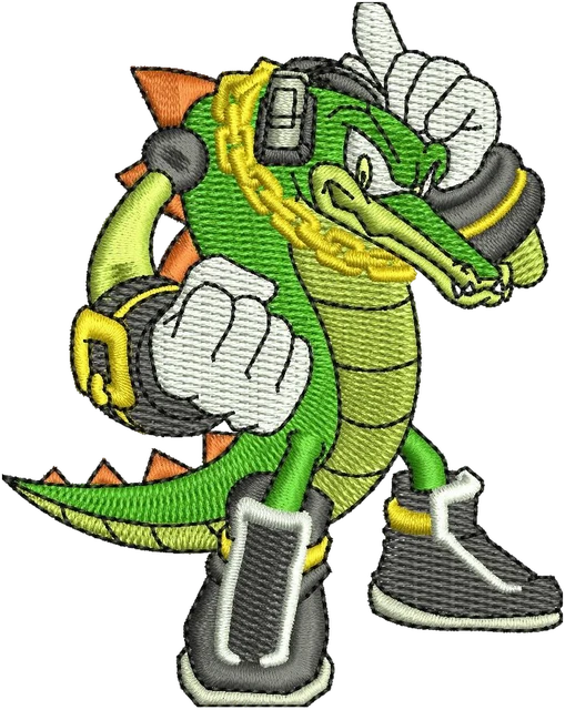 Vector the Crocodile fighting pose embroidery design shown stitched on fabric