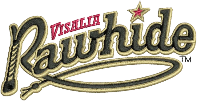 Visalia Rawhide script baseball logo embroidery design shown stitched on fabric