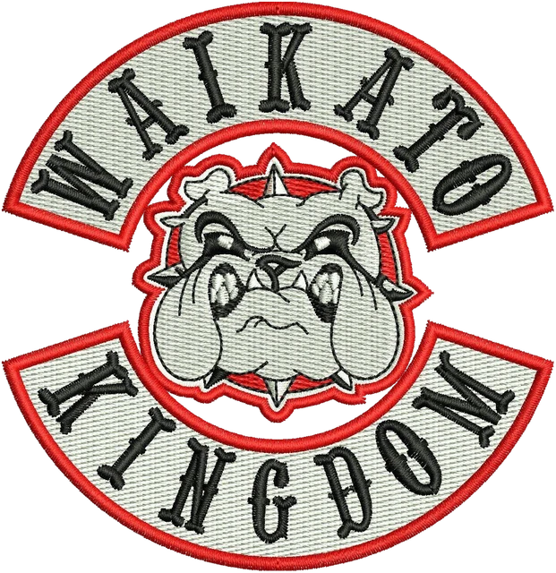 Waikato Mongrel Mob Kingdom bulldog patch embroidery design shown stitched on fabric