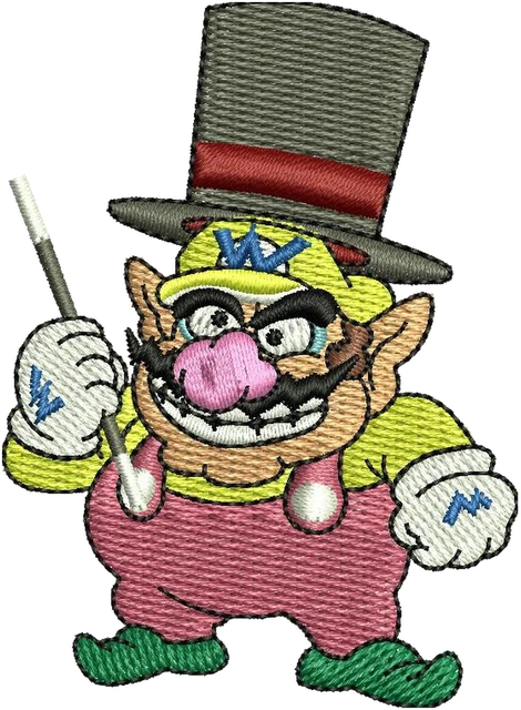 Stickdatei Wario Super Mario mit Zylinder und Stock Stickdatei auf Stoff gestickt