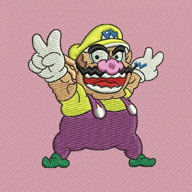 Diseño de bordado Wario Super Mario gesto de victoria