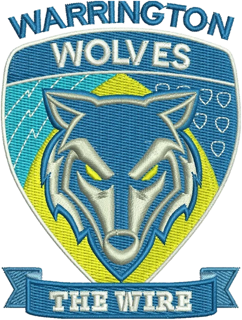 Stickdatei Warrington Wolves The Wire Schild auf Stoff gestickt