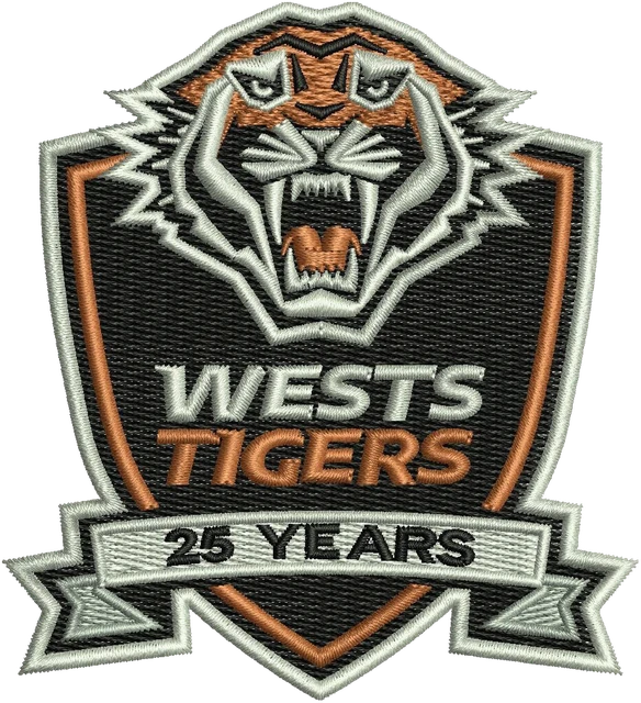 Wests Tigers 25 Years Shield Embroidery Design embroidery design shown stitched on fabric