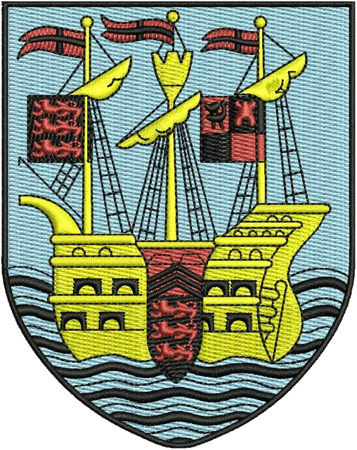 Weymouth FC Three-Mast Ship Crest Embroidery Design embroidery design shown stitched on fabric
