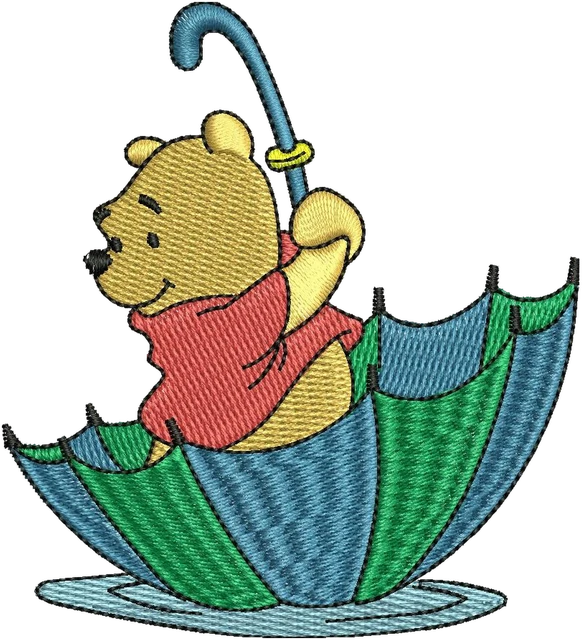 Winnie the Pooh sitting in an umbrella embroidery design shown stitched on fabric