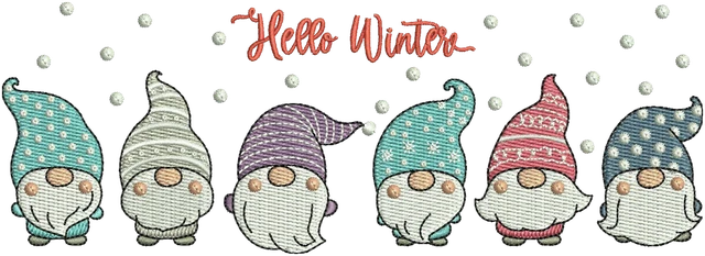 Six Gnomes with Hello Winter Lettering embroidery design shown stitched on fabric