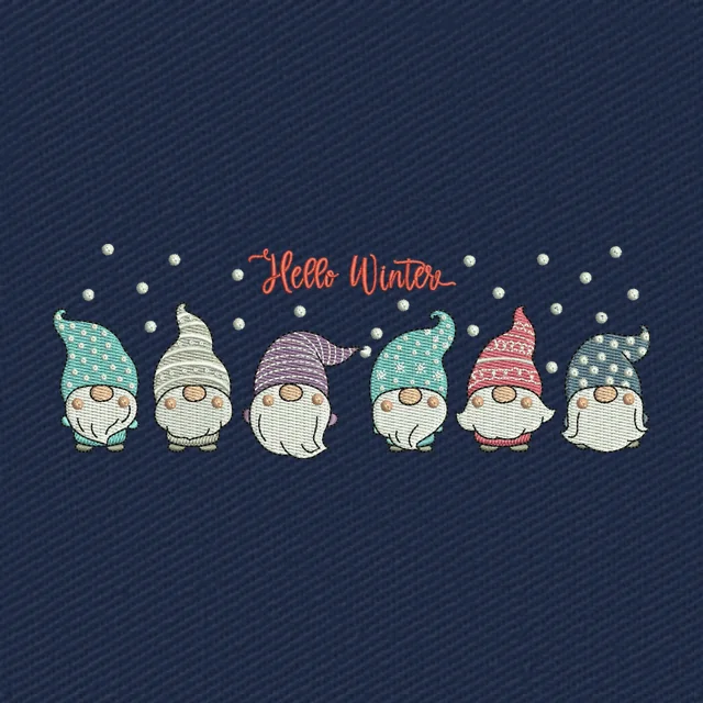 Seis gnomos con texto Hello Winter