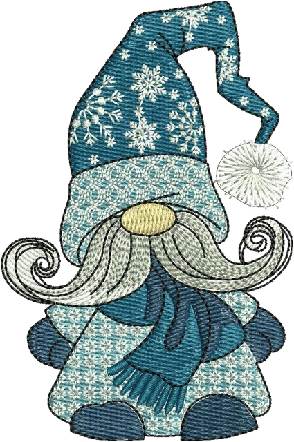 Stickdatei Blauer Winterwichtel mit geschwungenem Schnurrbart auf Stoff gestickt
