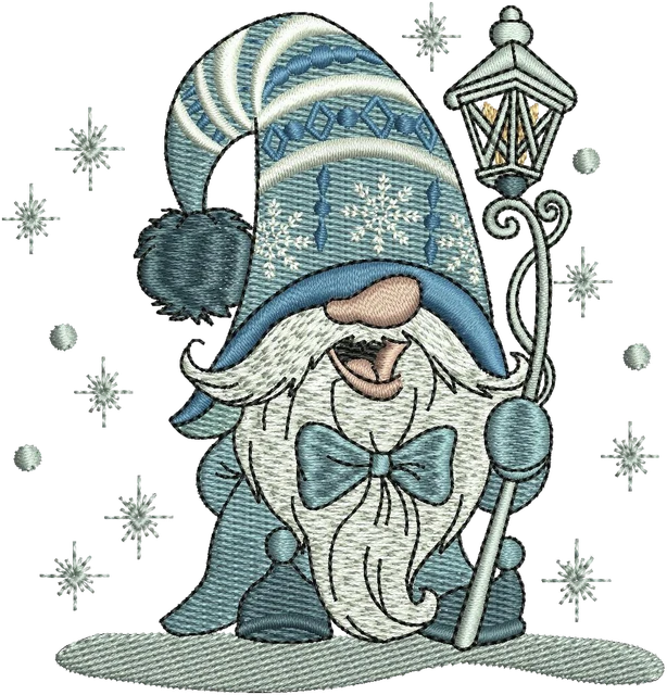 Diseño de bordado Gnomo invernal azul con bastón y farol sobre tela