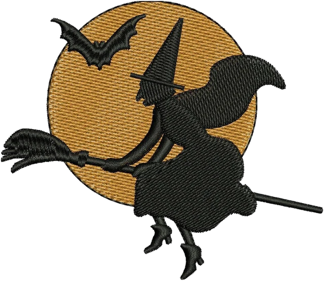 Witch on a Broom Against an Orange Moon embroidery design shown stitched on fabric