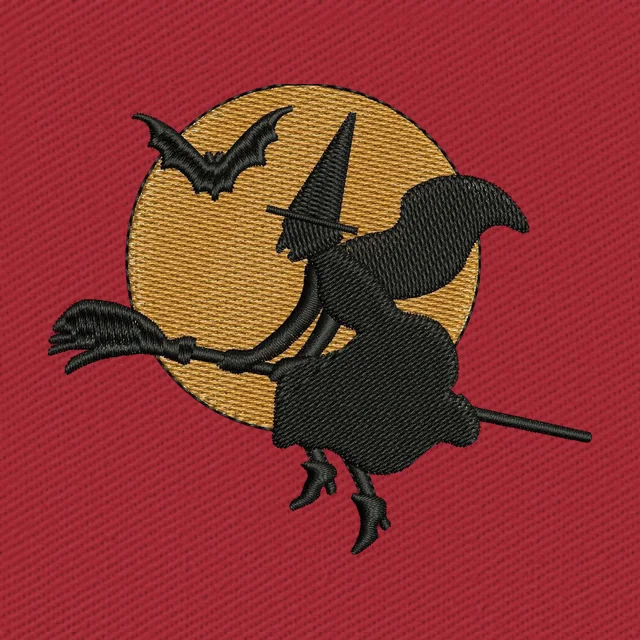 Bruja en escoba ante una luna naranja