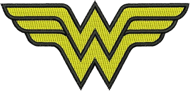 Wonder Woman Gold Winged W Logo embroidery design shown stitched on fabric