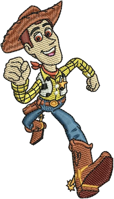Stickdatei Woody Toy Story gehend im Cowboy-Look Stickdatei auf Stoff gestickt