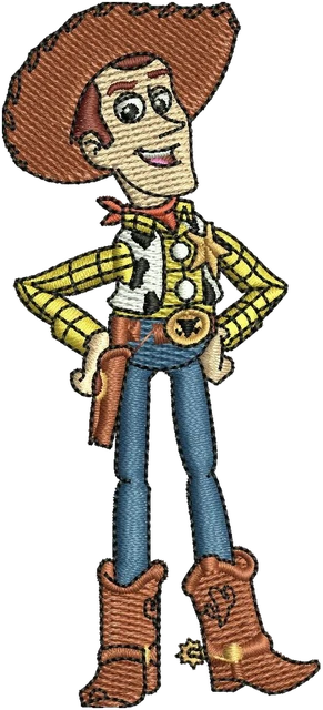 Diseño de bordado Woody de Toy Story, manos en la cintura sobre tela