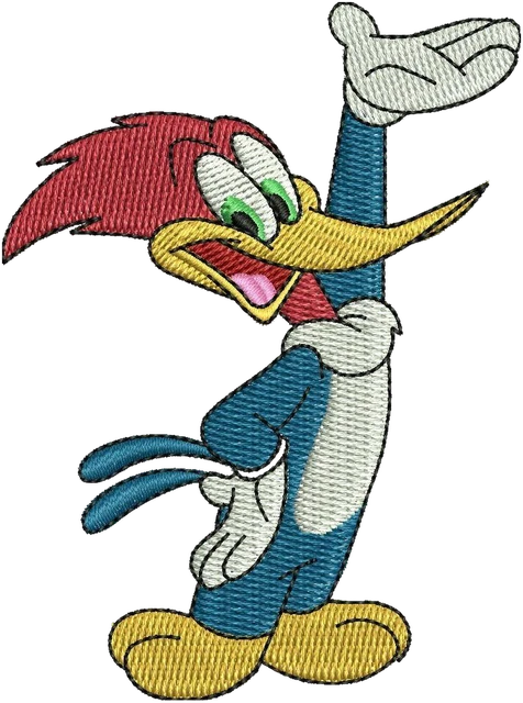 Woody Woodpecker Smiling and Waving embroidery design shown stitched on fabric