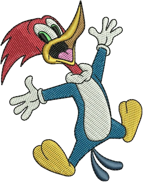 Stickdatei Woody Woodpecker lachend mit offenen Armen Stickdatei auf Stoff gestickt