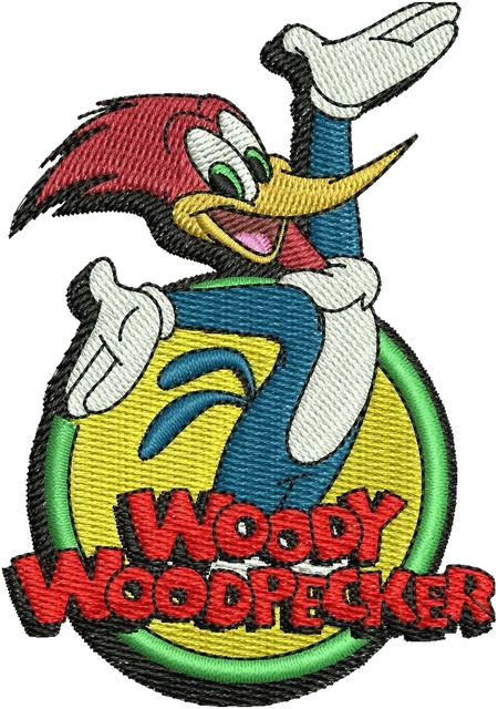 Motif de broderie Motif de broderie Woody Woodpecker logo rond avec nom brodé sur tissu