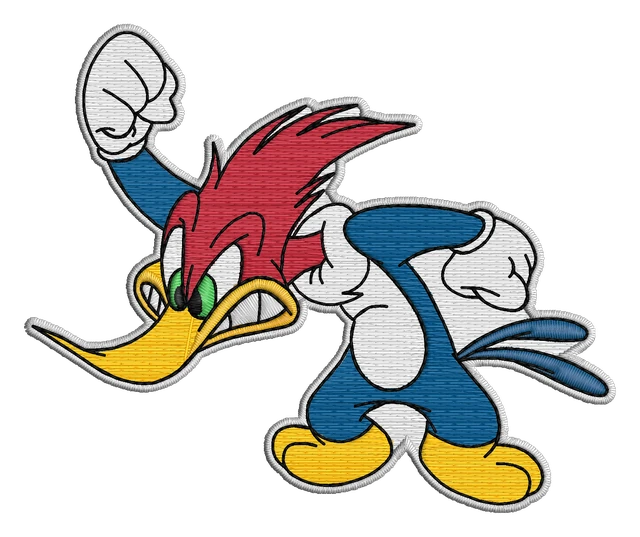Woody Woodpecker Running Raised Fist embroidery design shown stitched on fabric