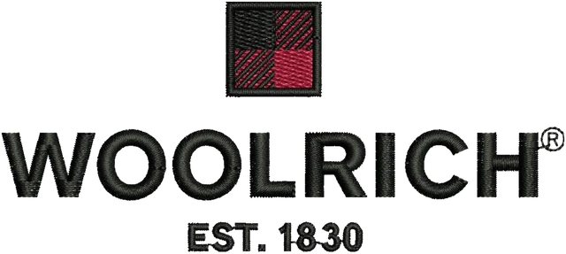 Woolrich Est. 1830 Wordmark Logo Embroidery Design embroidery design shown stitched on fabric