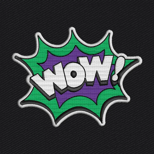 WOW White Word Green Purple Comic Burst Embroidery Design