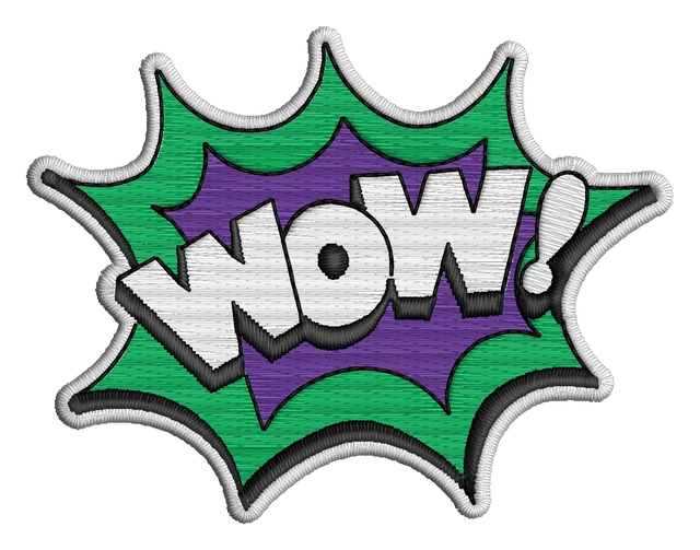 Diseño de bordado Diseño de bordado palabra WOW estallido verde morado sobre tela